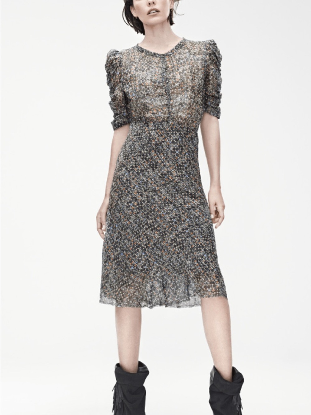 Isabel Marant for H&M womens Black Floral Puff-Sleeve Midi Dress- size 2 silk